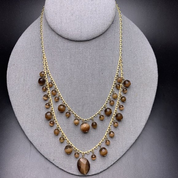 Layered Glass Bead Necklace Chocolate Brown Cats Eye Beaded Gold Tone - Picture 1 of 7